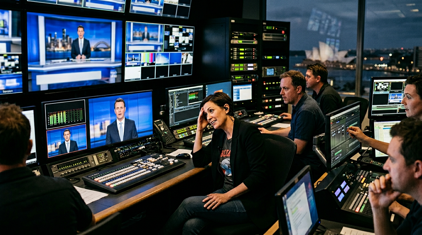TV host at microphone in broadcasting studio